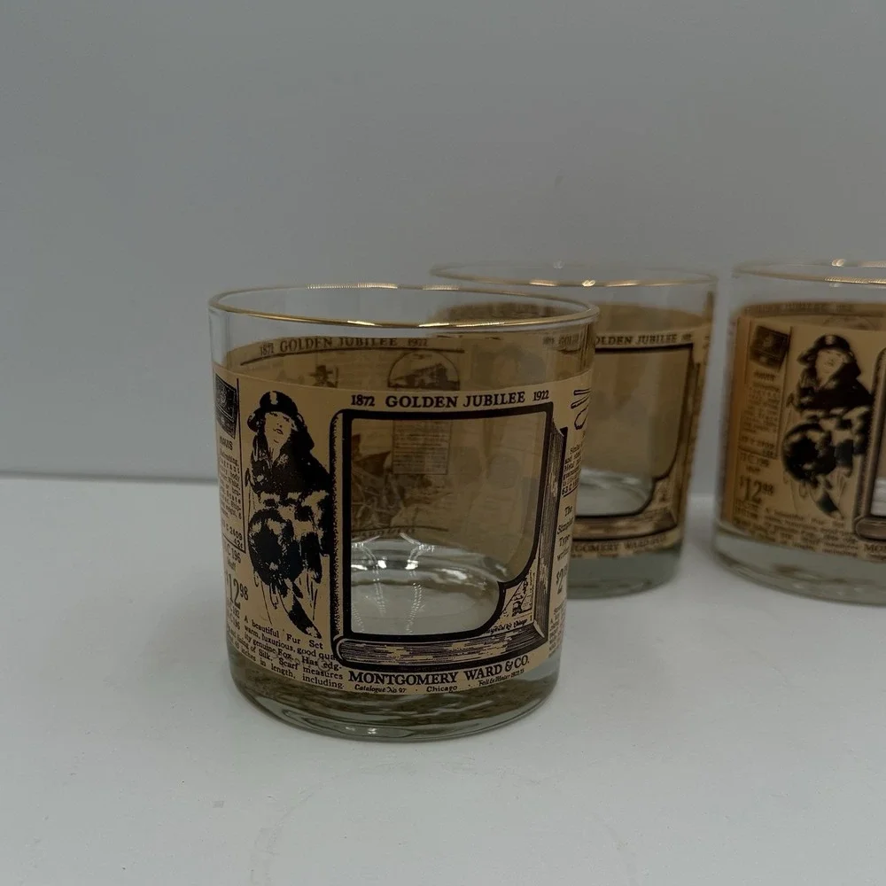 4-Vintage 1972 Montgomery Ward Golden Jubilee‎ Whiskey Rocks Glasses Gold Rim
